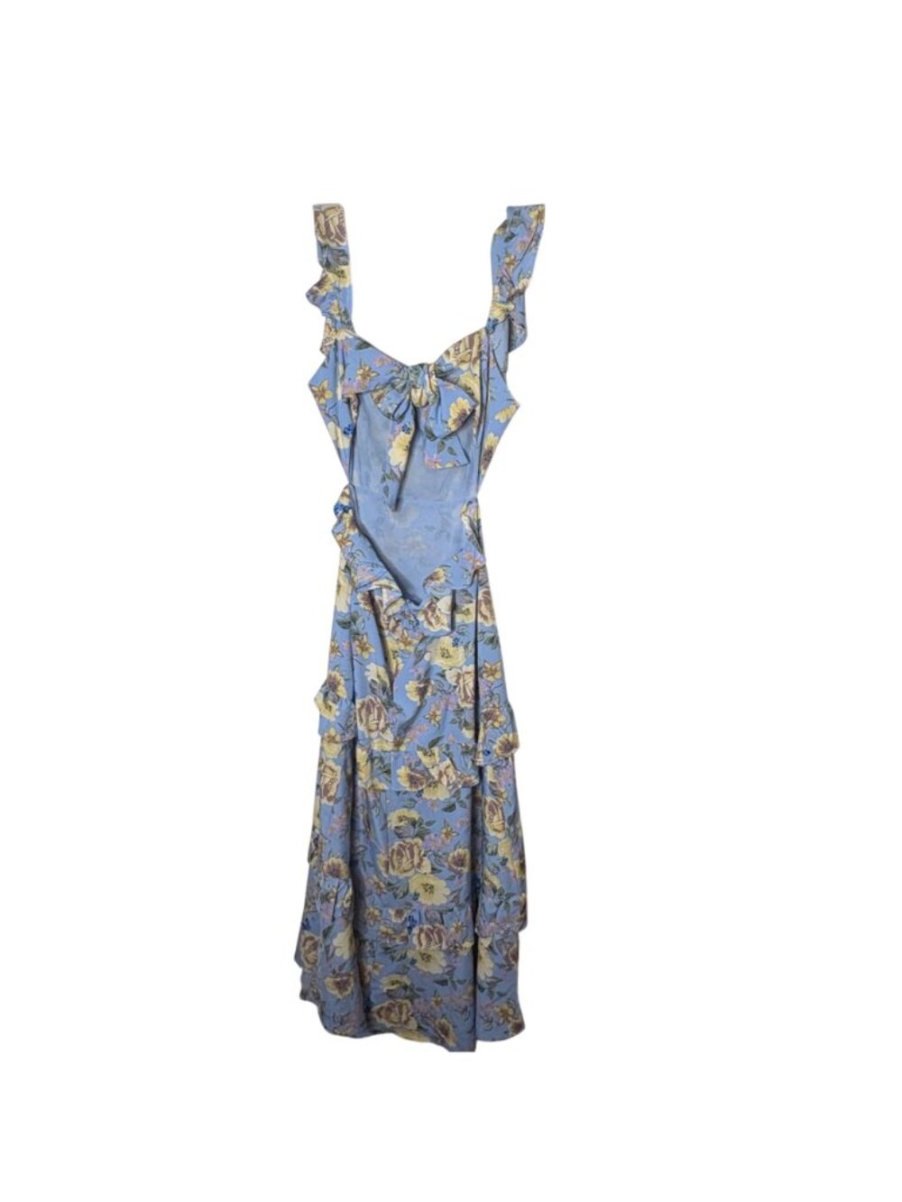 ASTR The Label Dress S Blue Yellow Floral Ruffle Tiered Cutout Bow Cottagecore - Picture 4 of 10